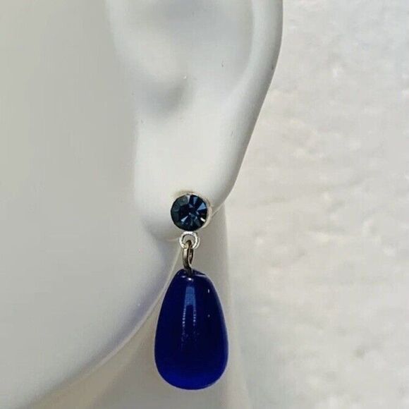 Vintage Royal Blue Glass Beaded Rhinestone Drop Dangle Pierced Women’s Earrings - Picture 2 of 6